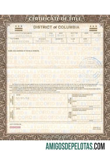 Exemplo de certificado de registro de veículo Columbia